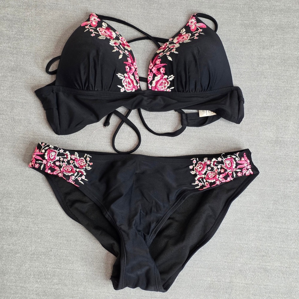 Hula Honey Bikini Set Womens Medium Black Pink Floral Embroidered Two Piece Swim
